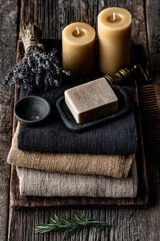 Flat lay of dark linen and natural towels, beeswax candles, handmade soap, dried lavender, and rosemary on reclaimed wood — dark farmhouse bathroom essentials.