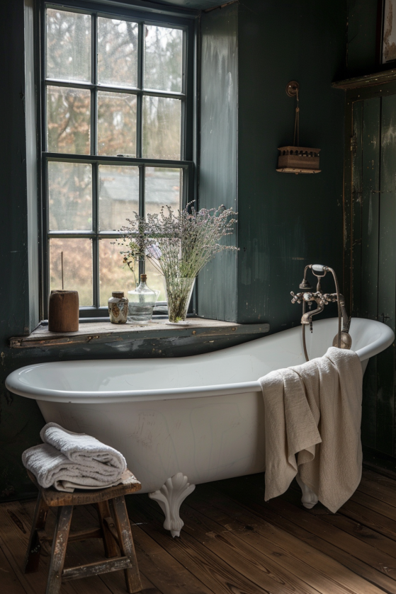 Clawfoot Tub in a Dark Farmhouse Bathroom — Moody, Warm & Lived-In 1a17