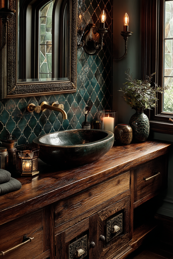 Dark reclaimed wood bathroom vanity with a large dark stone vessel sink and brass faucet, teal patterned tile backsplash, ornate dark mirror, two warm sconces, candles, textured vases, and a small lantern in a moody dark farmhouse bathroom.