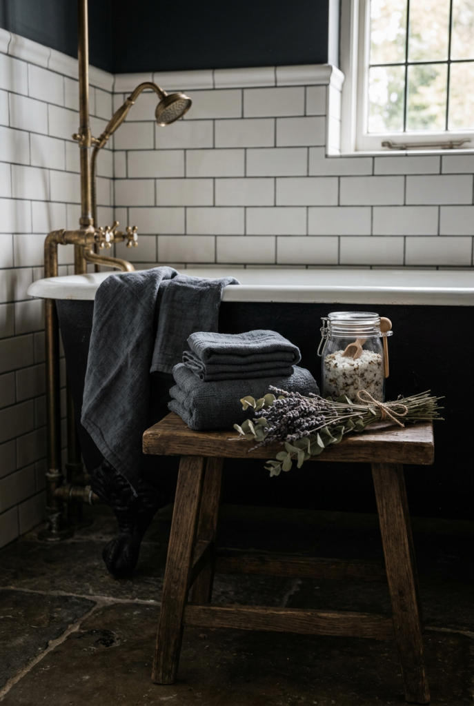 Moody farmhouse bathroom with black clawfoot tub, white subway tile walls, brass shower fixtures, wooden stool with folded dark gray linen towels, dried lavender, eucalyptus, and glass jar of bath salts.