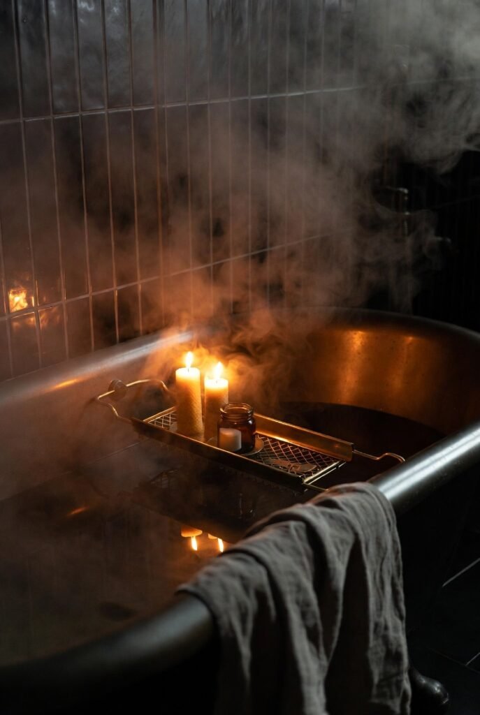 Close-up of dark iron clawfoot tub with steaming water, aged brass bath tray holding lit beeswax candles and a small amber jar, dark glossy tile wall, and dark linen towel draped over the edge, moody atmospheric lighting.