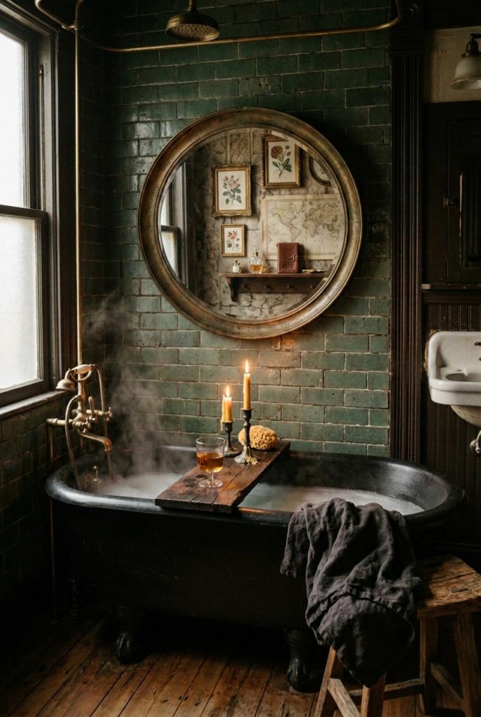Moody dark Victorian farmhouse bathroom with black clawfoot tub, dark green tiled walls, large round brass mirror reflecting botanical prints and a map, wooden bath tray with candles and amber drink, wooden stool with dark linen towel.