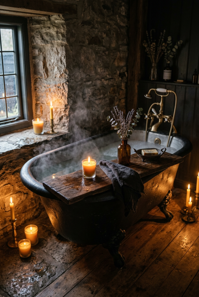 Moody dark farmhouse bathroom with black clawfoot tub against rough stone walls, wooden bath tray with candle and vase of dried lavender and eucalyptus, many lit candles on the wooden floor and window sill, warm atmospheric lighting and steam.