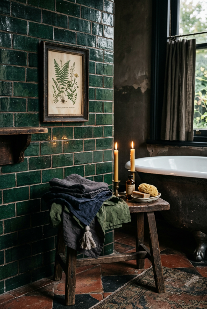 Moody dark bathroom with deep green tile wall, framed botanical fern print, wooden stool holding folded dark linen towels in charcoal and olive, two beeswax candles, soap, and natural sponge, iron clawfoot tub visible in the background.