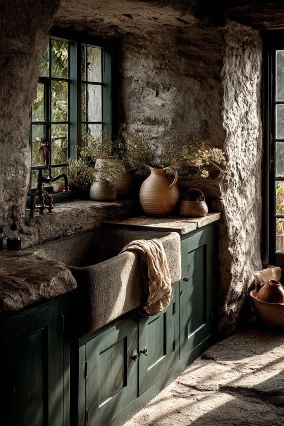 Dark Farmhouse Kitchen Sink — Stone Basin & Afternoon Light 6350a56b916a7dc8d41593f3d5497ae4