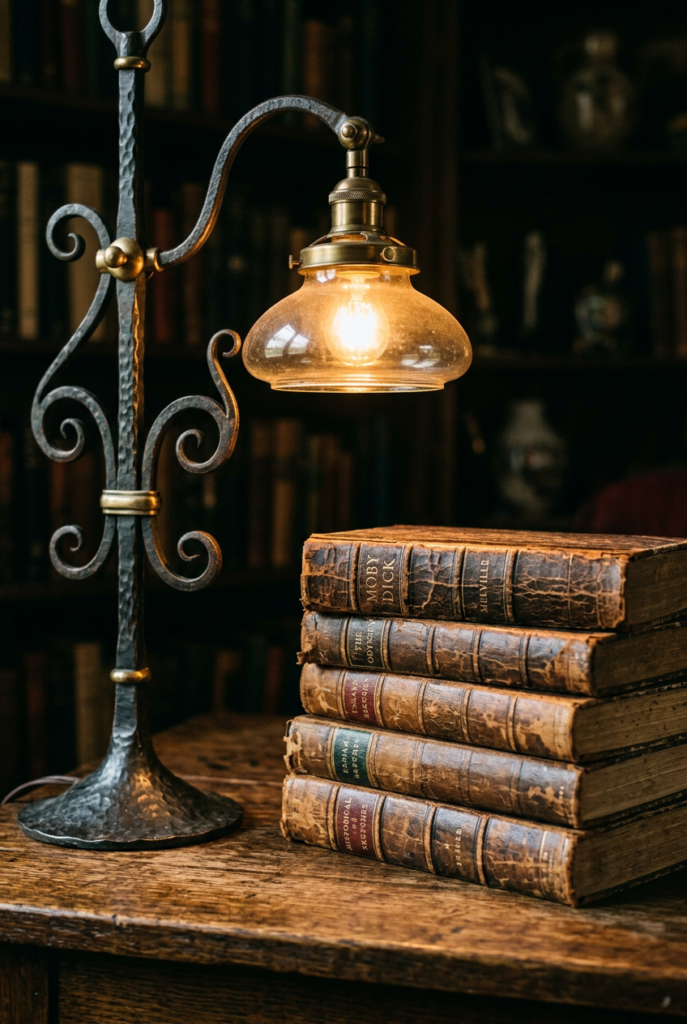 Close-up of stack of old leather-bound books with magnifying glass and letter opener on wooden desk, ornate iron adjustable desk lamp glowing warmly, moody dark study atmosphere.