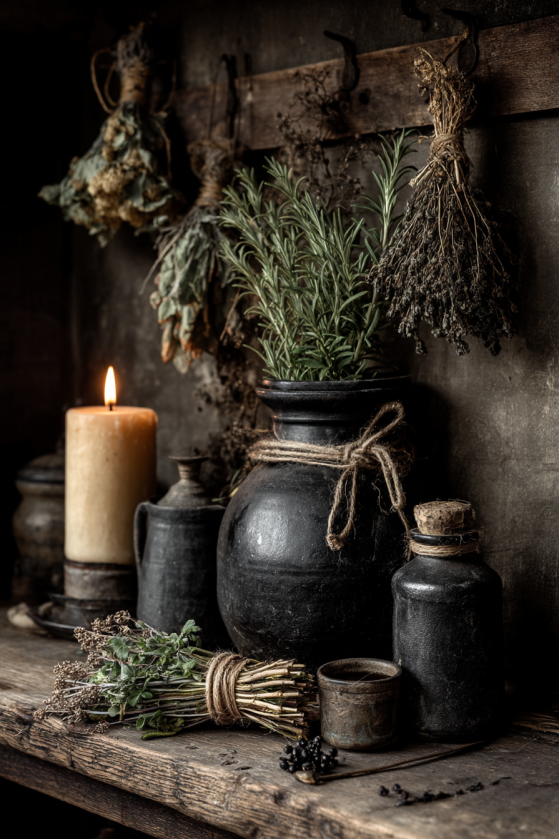 Gothic Farmhouse Kitchen Shelf: Dark Stoneware, Dried Herbs & Iron Styling a
