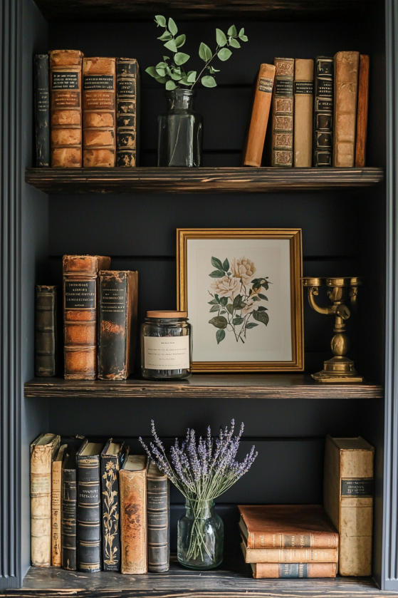 Dark wooden shelves styled with old leather books, lavender in glass vase, brass candlestick, small framed rose botanical print, and glass candle jar, moody dark cottagecore aesthetic.
