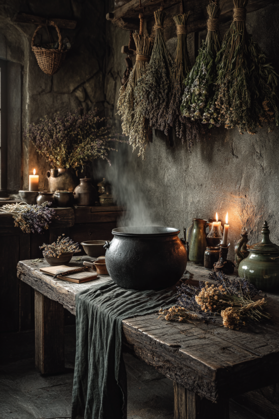 A moody dark cottagecore farmhouse kitchen with a cast iron cauldron on a rough wooden table, dried herb bundles hanging overhead, and a single beeswax candle casting warm amber light against stone walls.