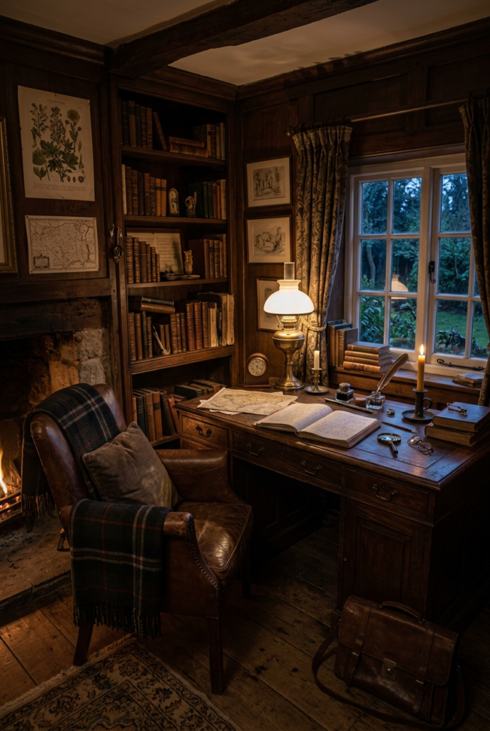 Cozy moody farmhouse study at night with leather armchair and plaid throw, wooden desk with open book and iron lamp, fireplace glowing, built-in bookshelves, and window with curtains.