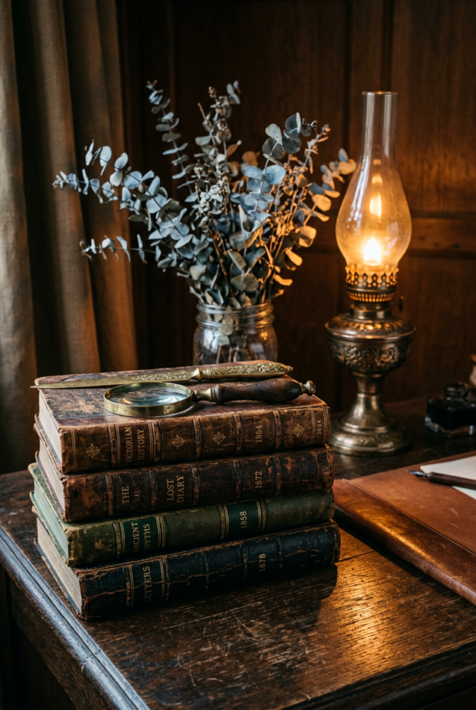 Stack of vintage leather-bound books with magnifying glass and letter opener on wooden table, glowing oil lamp, eucalyptus branches in glass jar, moody warm lighting in dark study setting.