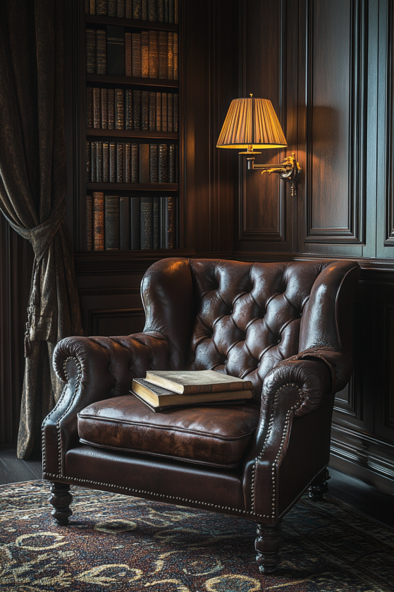 Tufted brown leather armchair with two books on the seat, wall sconce lamp with pleated shade glowing, dark wood paneling and bookshelf in background, patterned rug, moody evening atmosphere in dark study.