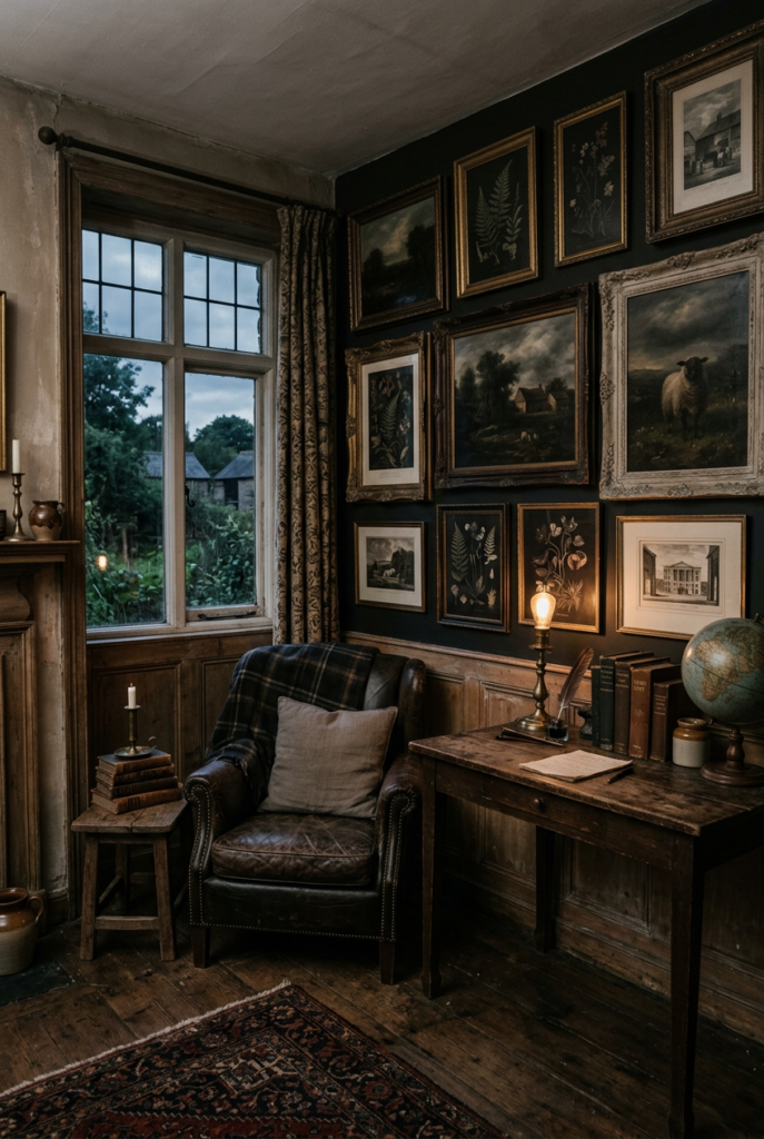 Moody dark farmhouse study nook with tufted leather chair, gallery wall of botanical prints and landscapes, small wooden desk with brass lamp, globe, and window overlooking garden.