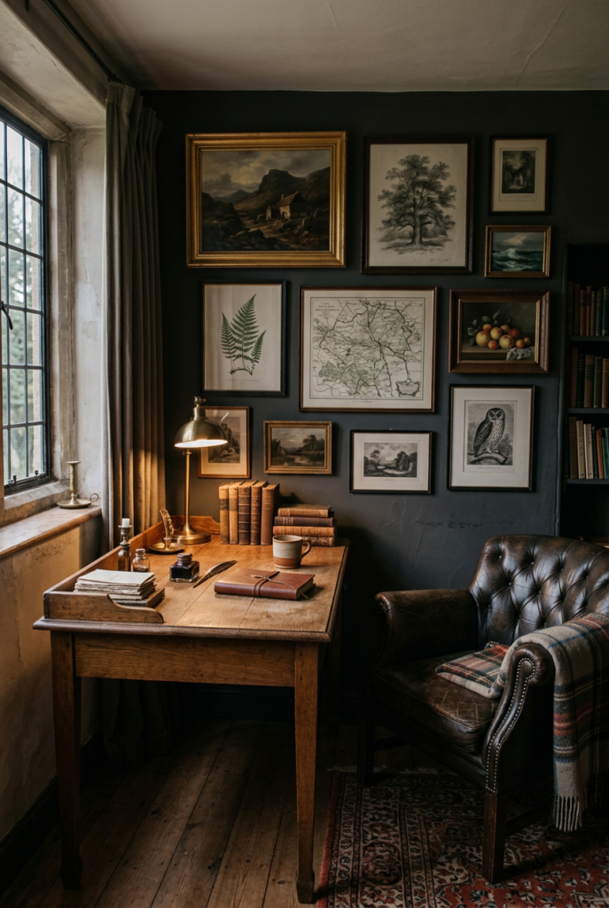 Moody dark farmhouse study with dark accent wall covered in framed botanical prints, landscapes and maps, wooden desk with brass lamp, leather chair with plaid throw, and window light.