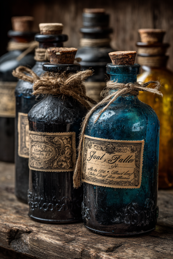 Dark amber and cobalt glass apothecary bottles with parchment labels on rough wood shelf
