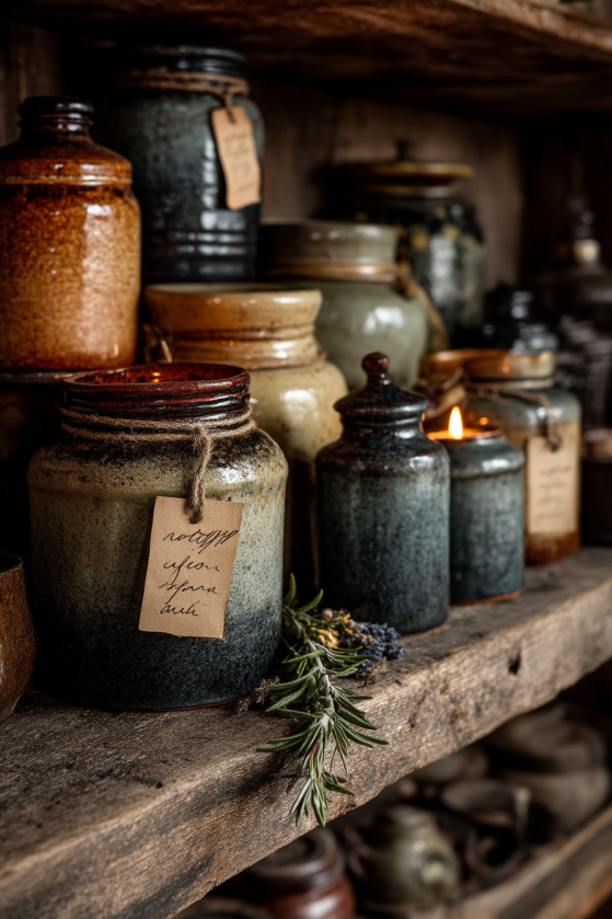 Hand-thrown stoneware jars with parchment labels arranged on dark wood pantry shelf by candlelight