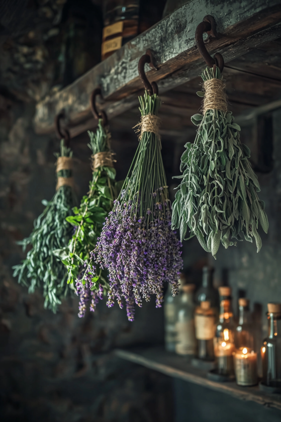 Dried herb bundles tied with twine hanging from wrought iron hooks in dark gothic pantry