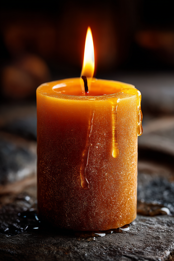 Single beeswax pillar candle burning on worn stone floor inside dark gothic farmhouse pantry
