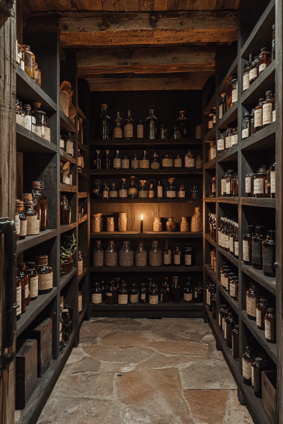 Gothic farmhouse pantry doorway view of floor-to-ceiling apothecary shelving by single candlelight