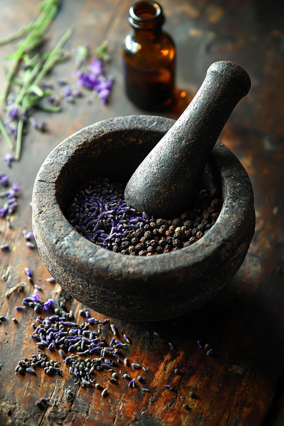 An extreme close-up editorial still life of an ancient stone mortar and pestle with dried lavender, crushed rosemary, and dark peppercorns, on a raw wooden surface stained with age, with warm amber side-light casting long shadows and a small dark glass vial beside it