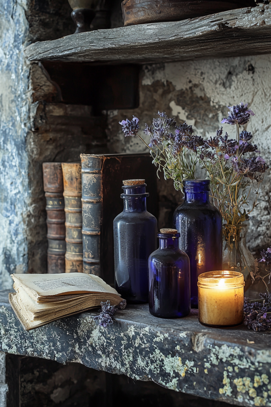 Gothic farmhouse pantry still life with apothecary bottles, leather journal, and beeswax candle