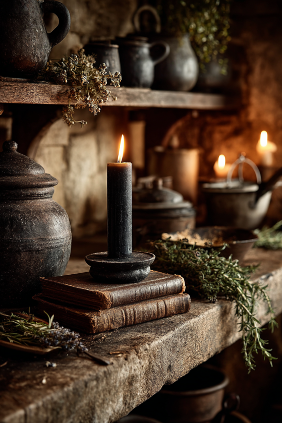 Gothic Farmhouse Kitchen Shelf: Dark Stoneware, Dried Herbs & Iron Styling amn