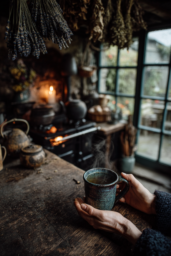 A deeply atmospheric dark cottagecore kitchen scene showing a woman