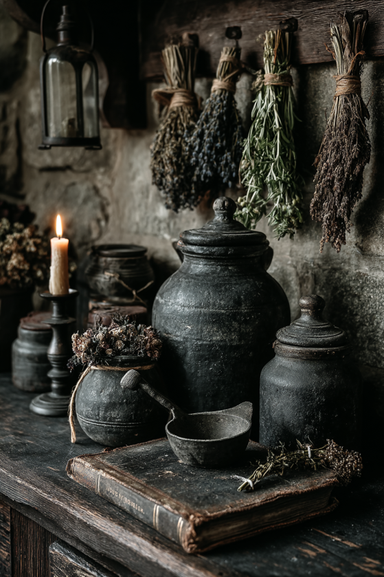 Gothic Farmhouse Kitchen Shelf: Dark Stoneware, Dried Herbs & Iron Styling az