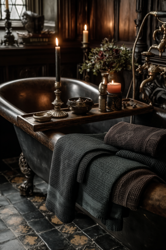 Close-up of black clawfoot tub with wooden bath tray holding beeswax candles, brass details, dark linen towels, and dried botanicals in a moody dark bathroom.