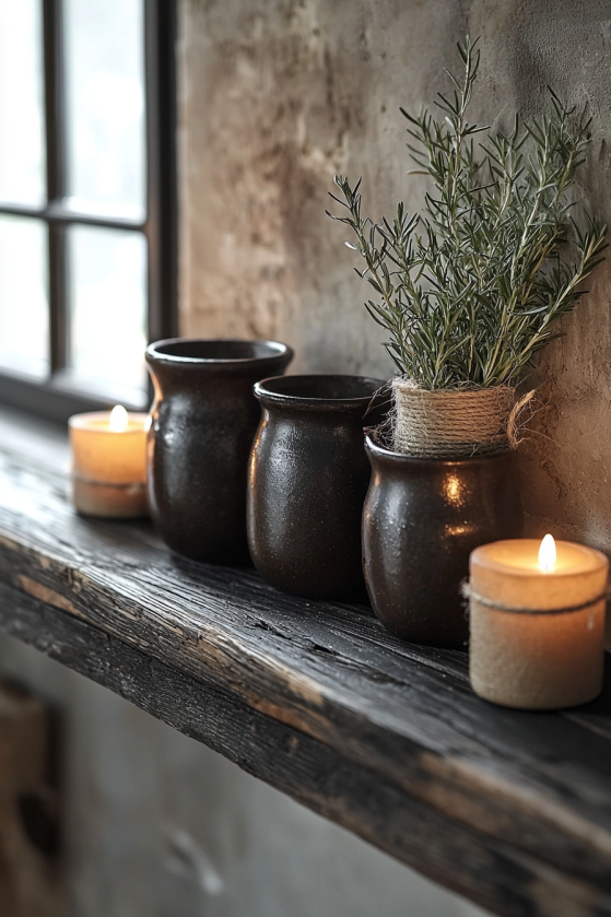 Gothic Farmhouse Kitchen Shelf: Dark Stoneware, Dried Herbs & Iron Styling b