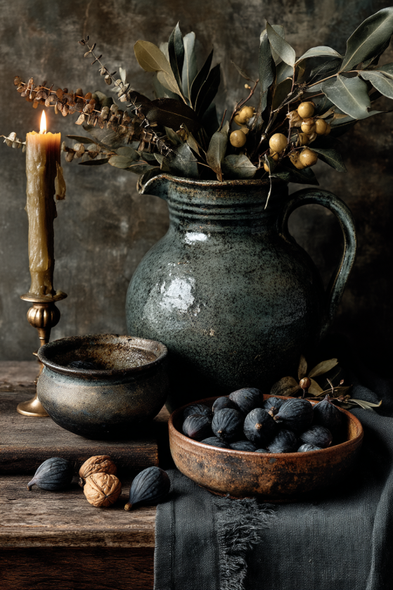 A styled dark kitchen vignette featuring a deep forest green ceramic jug with dried eucalyptus, a rust-colored clay bowl of dried figs, aged dark wood surface, and a single brass candlestick with dripping wax illuminated in warm candlelight.