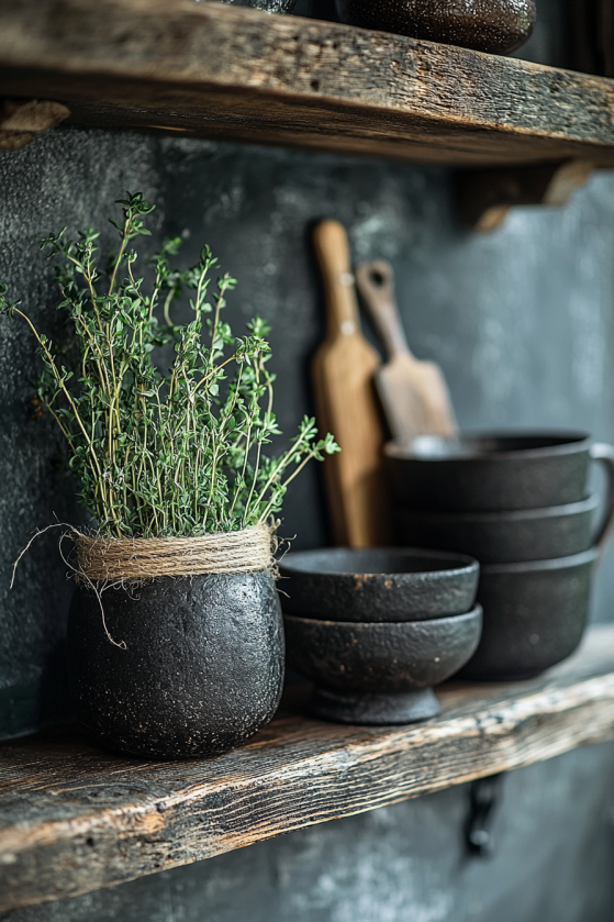 Gothic Farmhouse Kitchen Shelf: Dark Stoneware, Dried Herbs & Iron Styling c