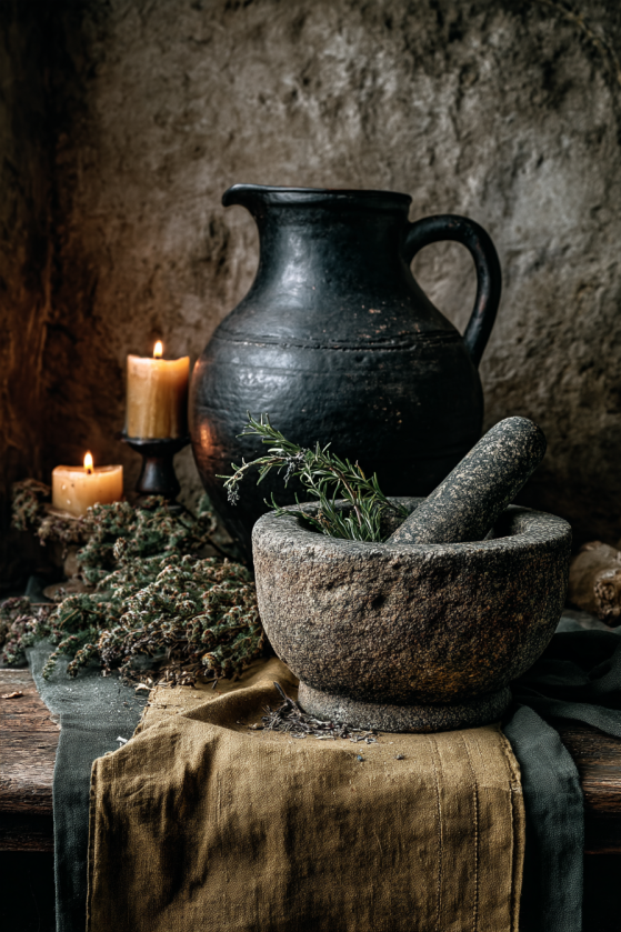A close-up still life of a matte black ceramic pitcher alongside a weathered stone mortar and pestle dusted with dried herbs, set against raw umber walls with a faded moss green linen cloth and warm candlelight glow.
