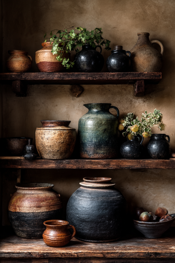Gothic Farmhouse Kitchen Shelf: Dark Stoneware, Dried Herbs & Iron Styling d