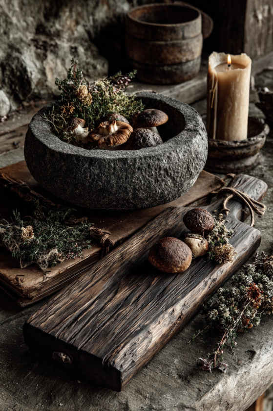 A dark cottagecore kitchen material study featuring a rough-hewn dark walnut wood cutting board beside a hand-chiseled stone bowl filled with foraged wild mushrooms, dried herb sprigs, and aged beeswax candle, with dramatic side lighting revealing rich wood grain texture.