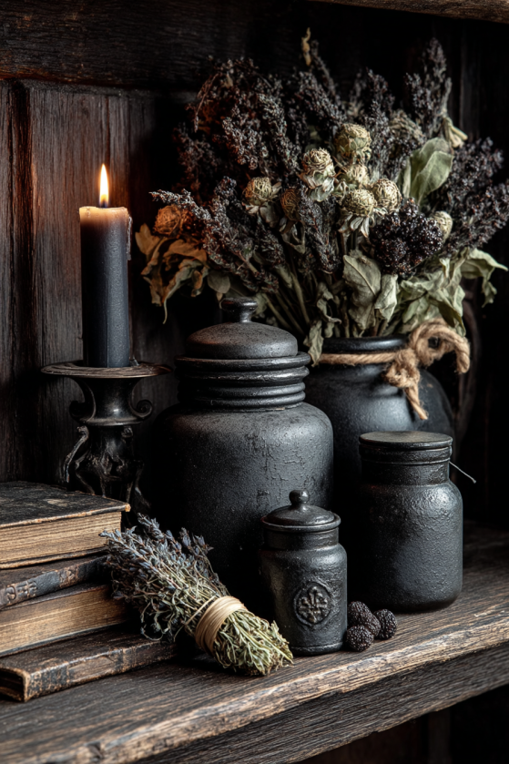 Gothic Farmhouse Kitchen Shelf: Dark Stoneware, Dried Herbs & Iron Styling e