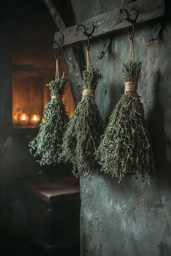 Gothic Farmhouse Kitchen Shelf: Dark Stoneware, Dried Herbs & Iron Styling f