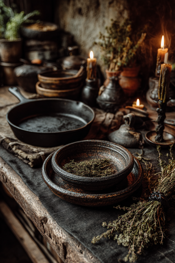 dark atmospheric kitchen arrangement, hand-thrown charcoal and rust-glazed pottery bowls nested beside a black cast iron skillet with leather-cord handle wrap, dried rosemary and thyme scattered on dark linen cloth, raw stone surface, amber candlelight deepening background shadows, wisp of herbal steam, editorial food photography, dark cottagecore kitchen witch aesthetic, rich texture and shadow depth --ar 2:3 --v 6.1 --style raw