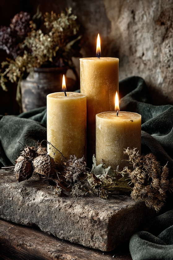 Three beeswax pillar candles of varying heights on a weathered stone ledge, with organic wax drips preserved in place, dried seed pods and pressed dark leaves around the base, and dramatic warm candlelight glowing against a shadowed stone wall with soft deep forest green velvet fabric.