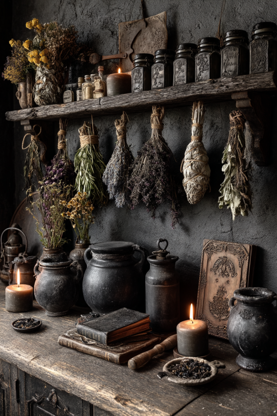 Gothic Farmhouse Kitchen Shelf: Dark Stoneware, Dried Herbs & Iron Styling g