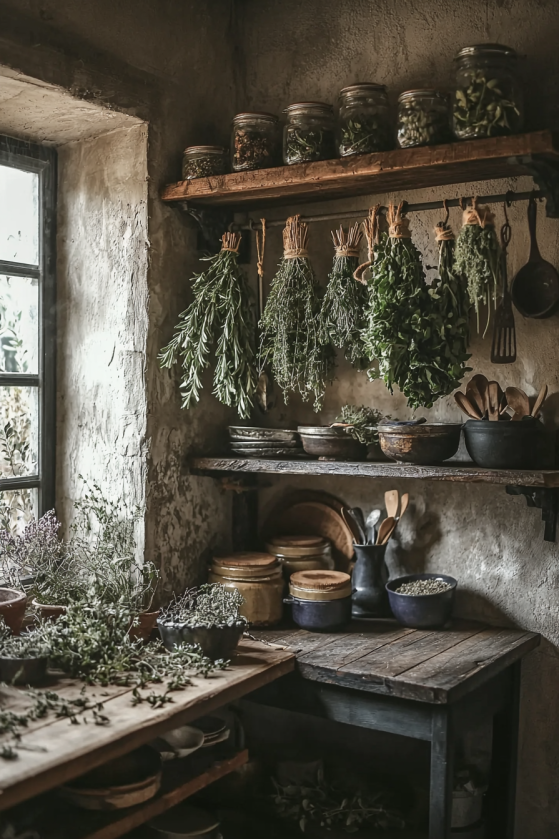 Gothic Farmhouse Kitchen Shelf: Dark Stoneware, Dried Herbs & Iron Styling h