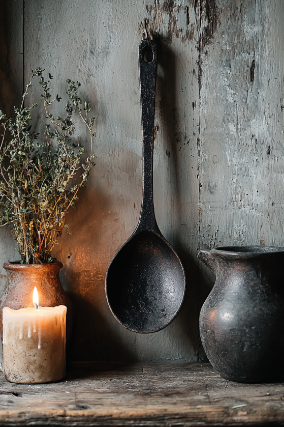Gothic Farmhouse Kitchen Shelf: Dark Stoneware, Dried Herbs & Iron Styling i