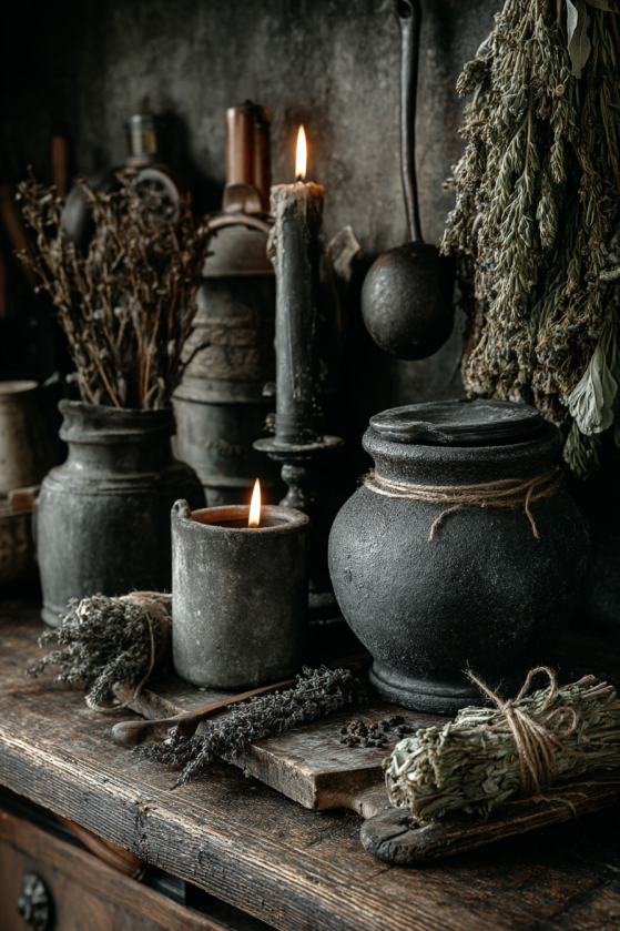 Gothic Farmhouse Kitchen Shelf: Dark Stoneware, Dried Herbs & Iron Styling ij