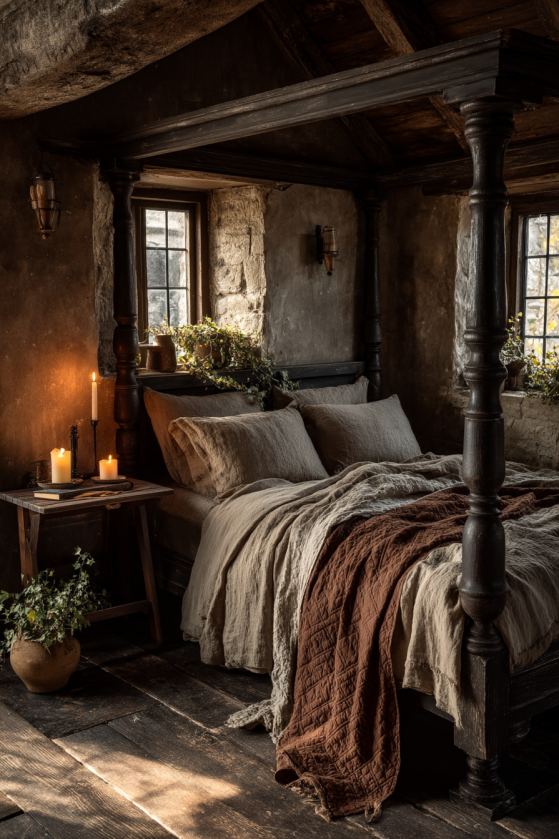 Dark Cottagecore Bedroom — Undyed Linen, Iron Candlesticks & the Art of Coming Home Dark cottagecore bedroom with undyed linen bedding, iron candlestick on nightstand, rough plaster walls in deep umber, trailing ivy, moody farmhouse aesthetic