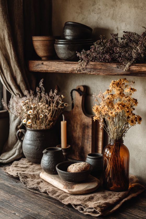 An attainable dark cottagecore rental kitchen corner styled with dark linen curtains, hand-thrown charcoal pottery pieces on open shelves, a dried herb garland, a small dark wood cutting board, an amber glass bottle vase with dried wildflowers, and a single beeswax candle.