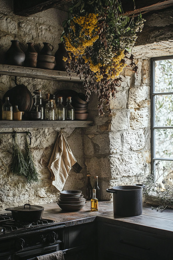 A complete dark cottagecore farmhouse kitchen corner editorial scene with stone walls, dark wood shelving holding charcoal pottery and amber glass bottles, hanging dried herb bundles, a cast iron pot on the range, a dark linen apron on a hook, and dramatic grey morning light.