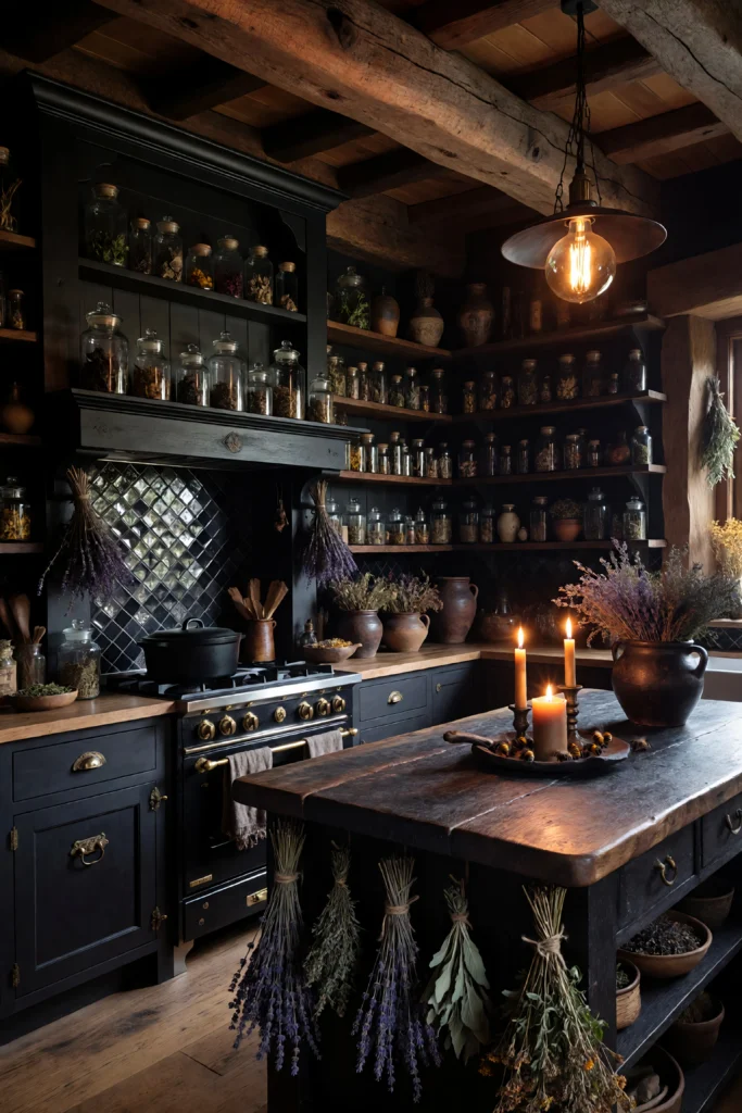 Full cottagegoth kitchen with dark cabinets, open shelving, cast iron, and candlelight