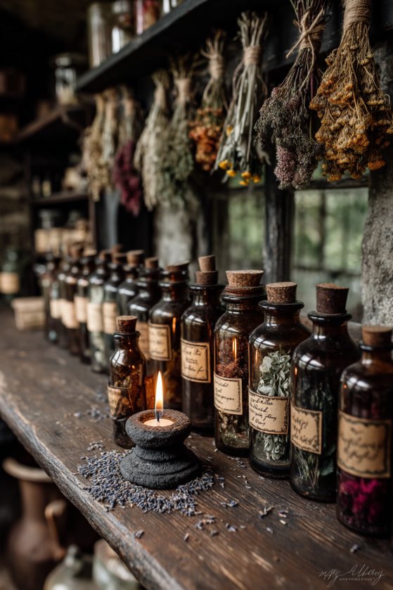 Rows of dark amber glass apothecary bottles filled with dried herbs and wildflowers on a rough wooden shelf, with handwritten labels, hanging dried herb bundles tied with twine, a stone mortar spilling crushed lavender, and a single beeswax candle flame.