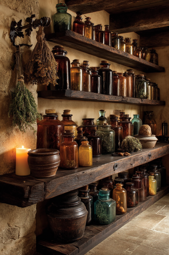 Gothic farmhouse pantry with apothecary bottles on rough wood shelving lit by beeswax candlelight