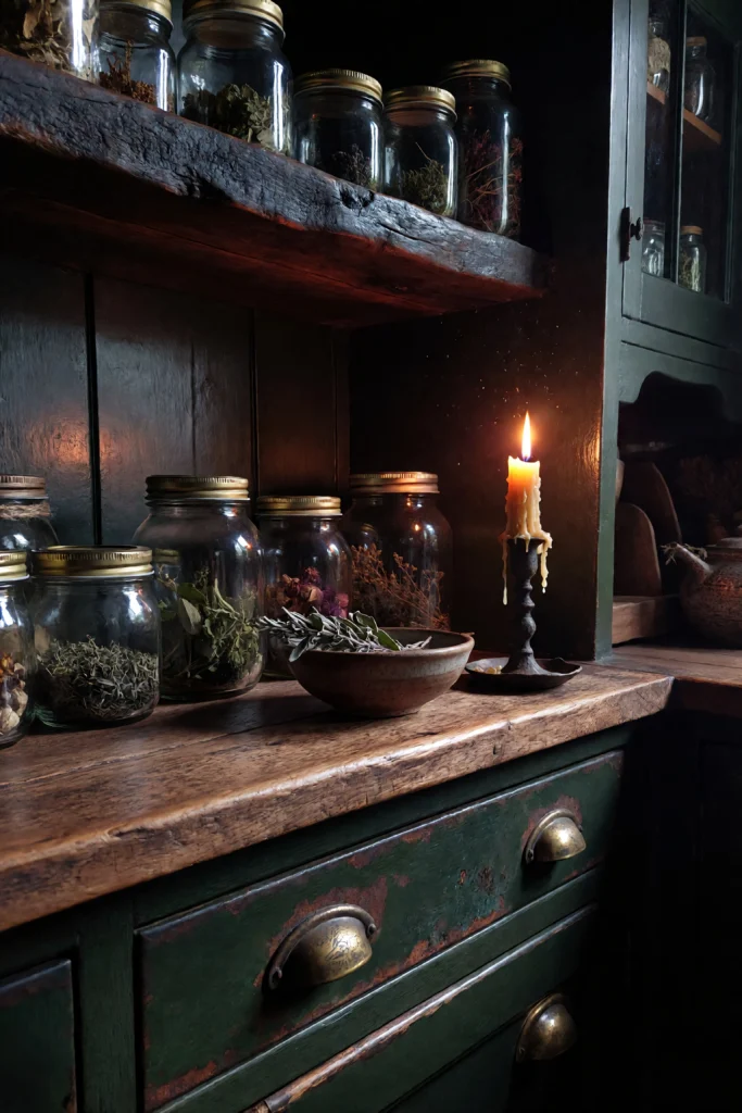 Cozy dark cottagegoth kitchen corner with forest green cabinets, brass-lidded glass jars on a dark wood shelf, and a single beeswax candle casting warm amber light